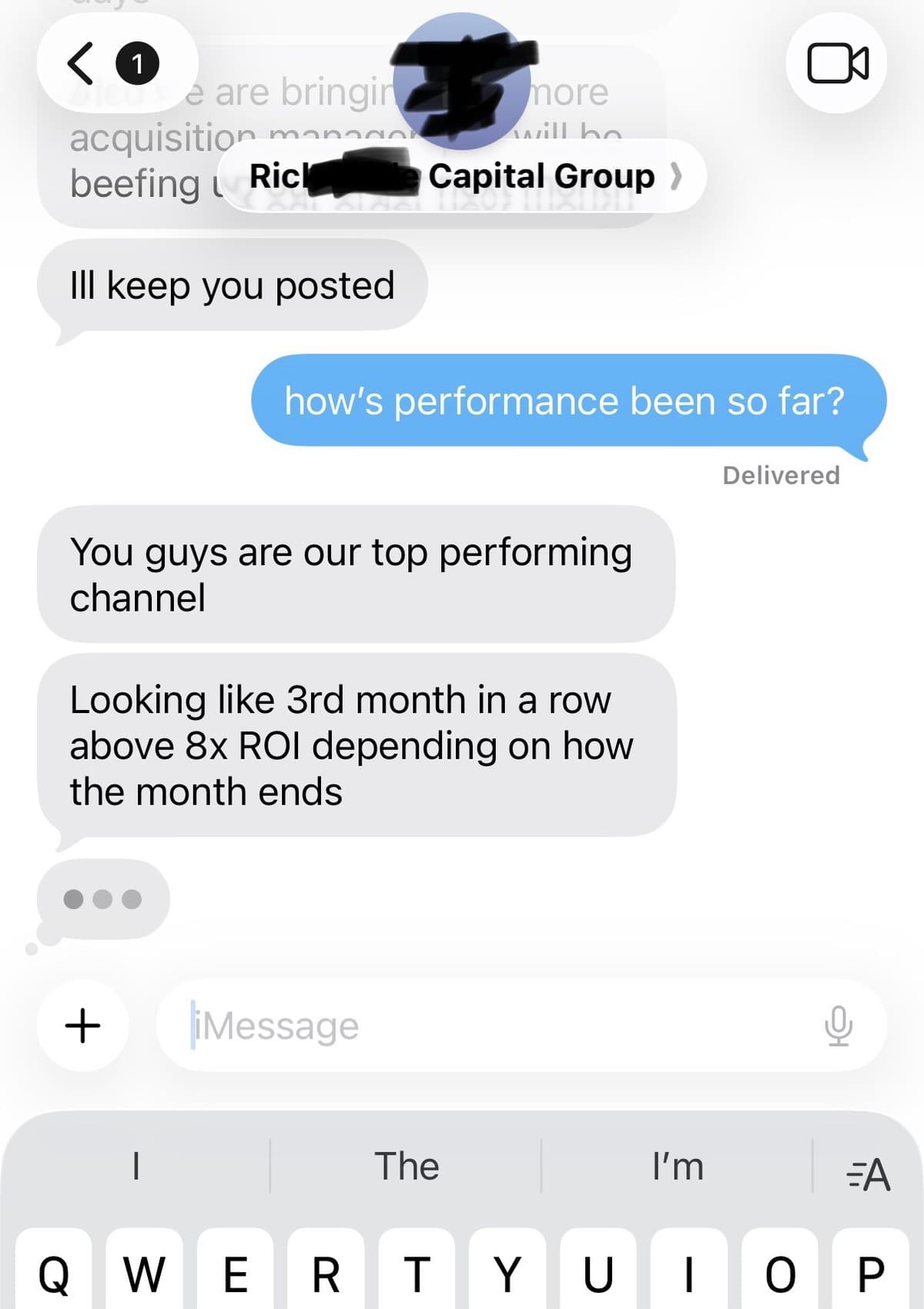 Client message: top performing channel, third month above 8x ROI